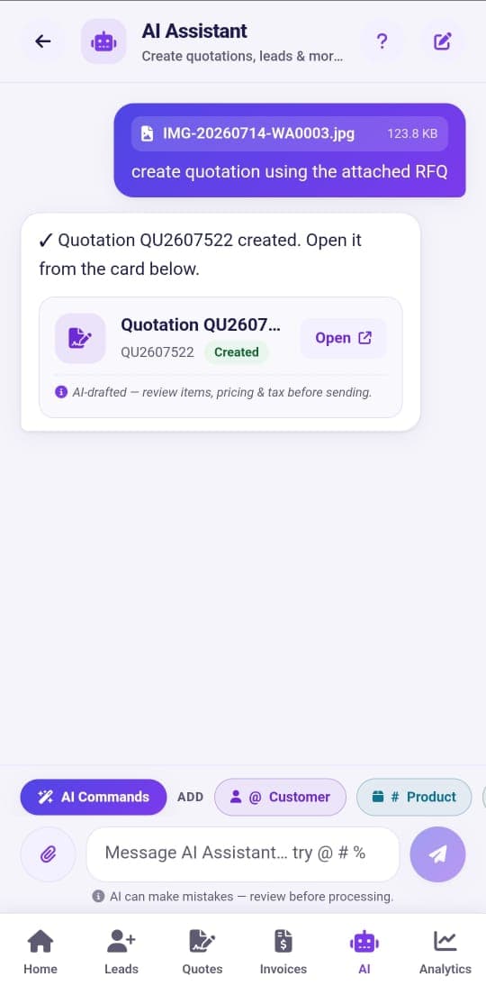 Catalystk AI quotation generator creating a GST quotation from an RFQ on mobile