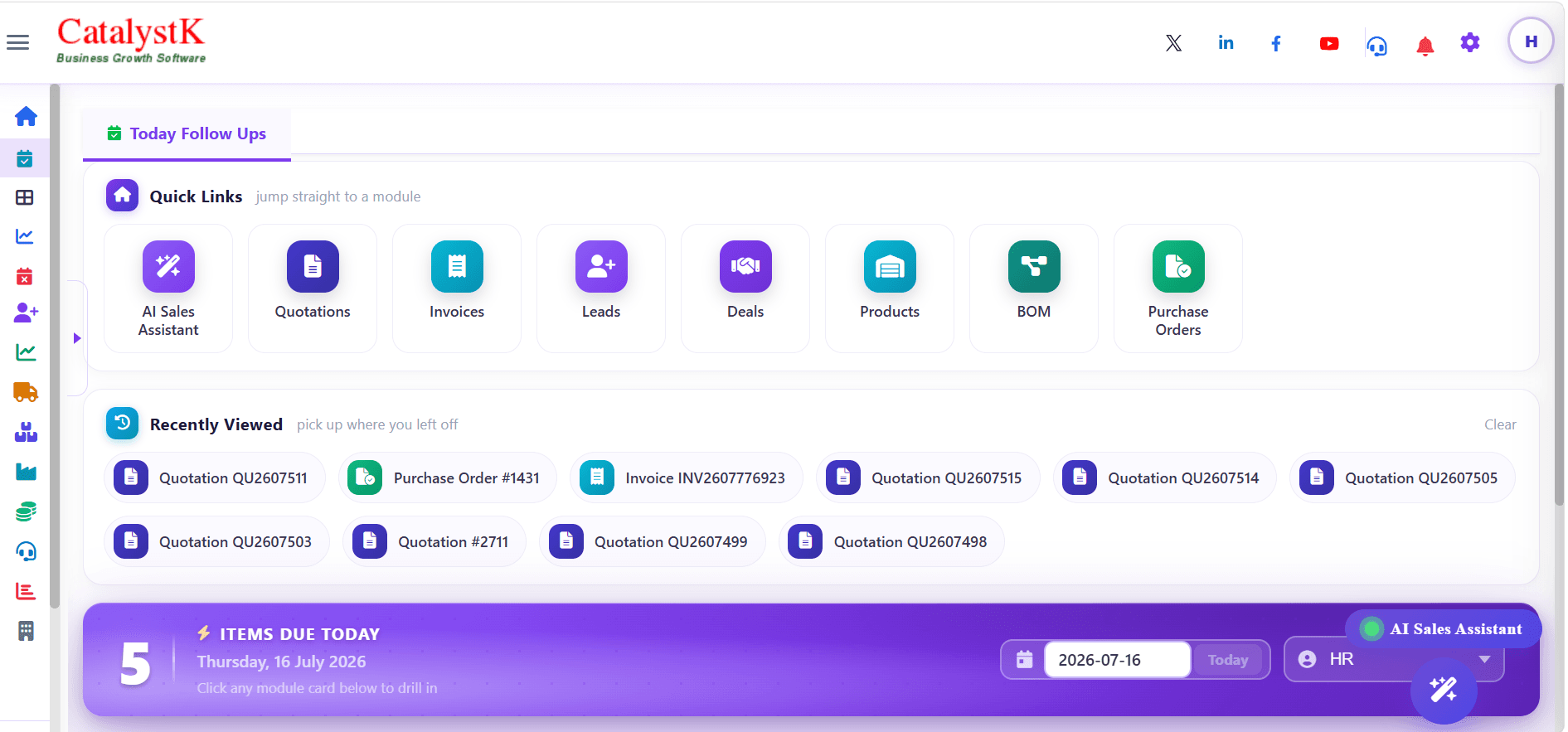 Catalystk dashboard home with quick links, follow-ups and AI sales assistant