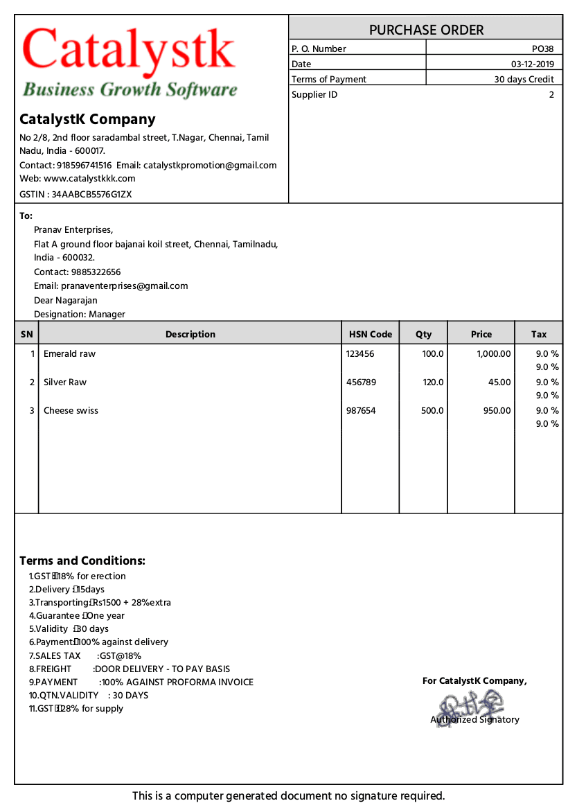 Free online purchase order generator — PO format created with the Catalystk purchase order maker