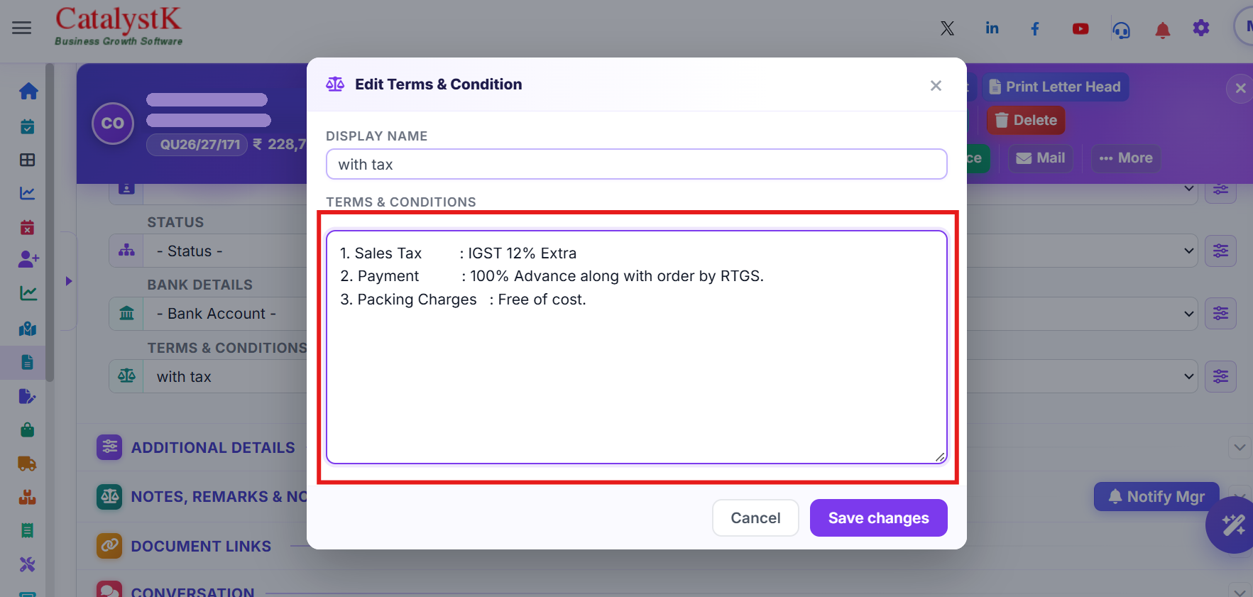 Edit terms and conditions in quotation — edit the display name and terms, then Save changes