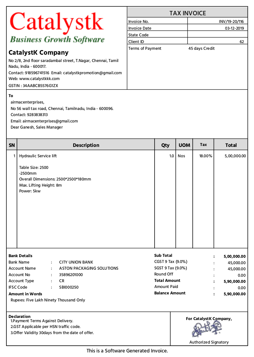 Free invoice software — GST invoice created by CatalystK billing software