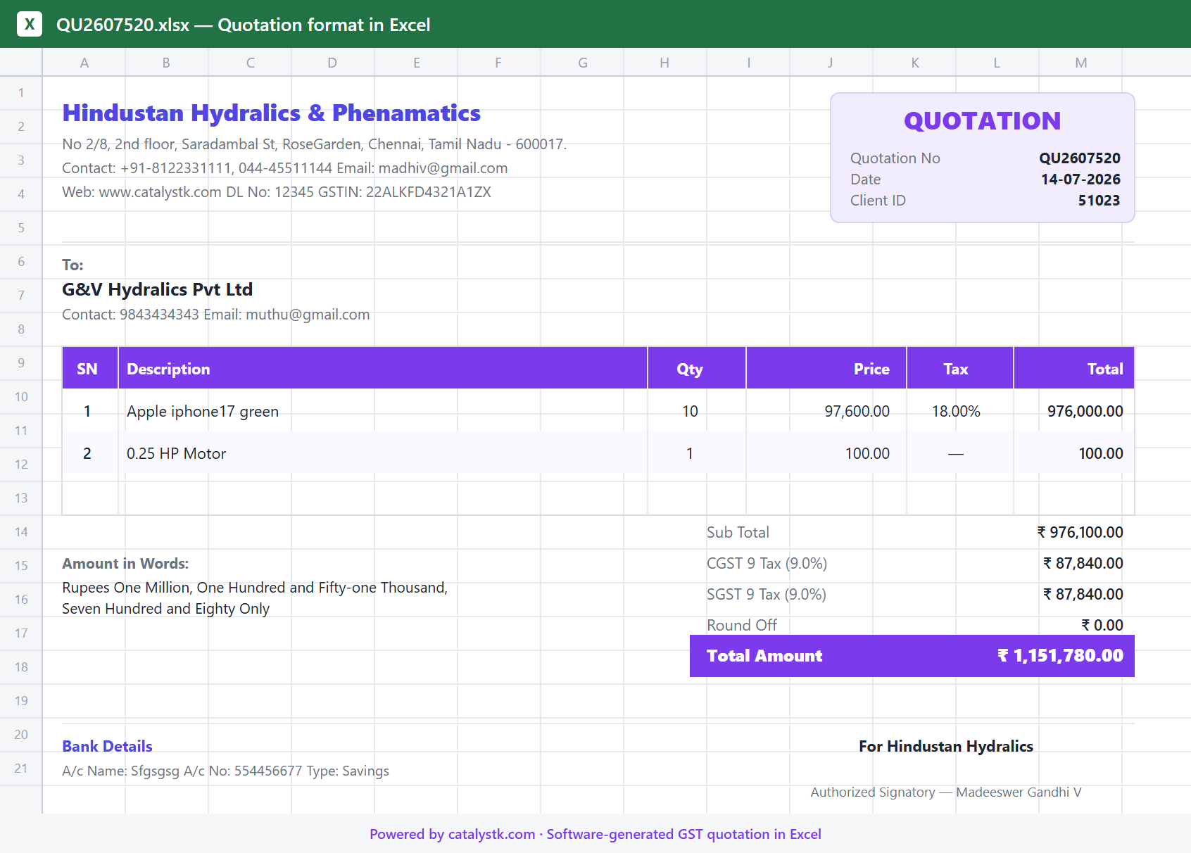 Price quotation format in Excel — GST quotation generated by CatalystK, ready to download as XLSX